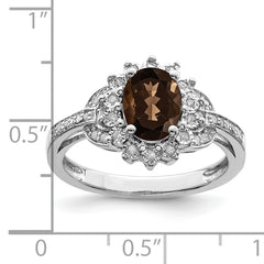 Sterling Silver Rhodium Diamond & Oval Checker-Cut Smoky Quartz Ring