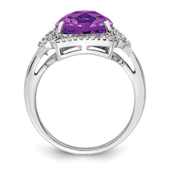 Sterling Silver Rhodium-plated Checker-Cut Amethyst & Diamond Ring