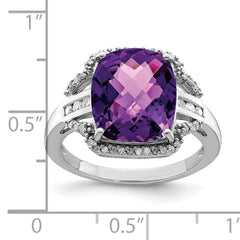 Sterling Silver Rhodium-plated Checker-Cut Amethyst & Diamond Ring