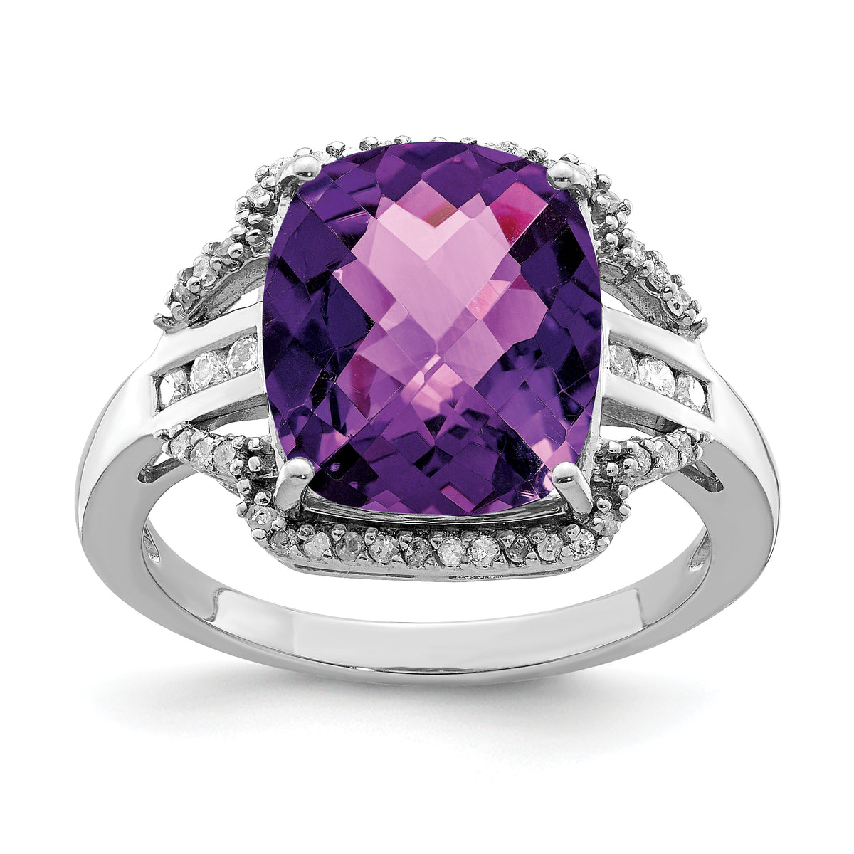 Sterling Silver Rhodium-plated Checker-Cut Amethyst & Diamond Ring