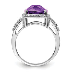 Sterling Silver Rhodium-plated Checker-Cut Amethyst & Diamond Ring