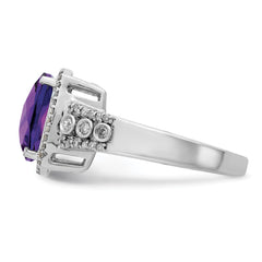 Sterling Silver Rhodium-plated Checker-Cut Amethyst & Diamond Ring