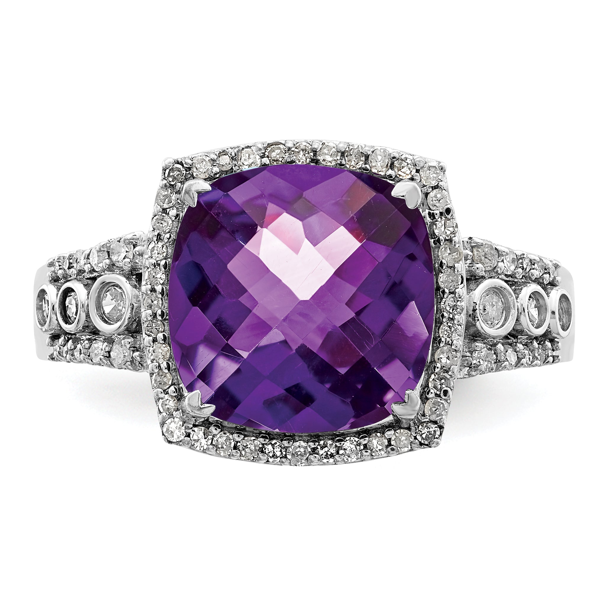 Sterling Silver Rhodium-plated Checker-Cut Amethyst & Diamond Ring