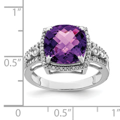 Sterling Silver Rhodium-plated Checker-Cut Amethyst & Diamond Ring