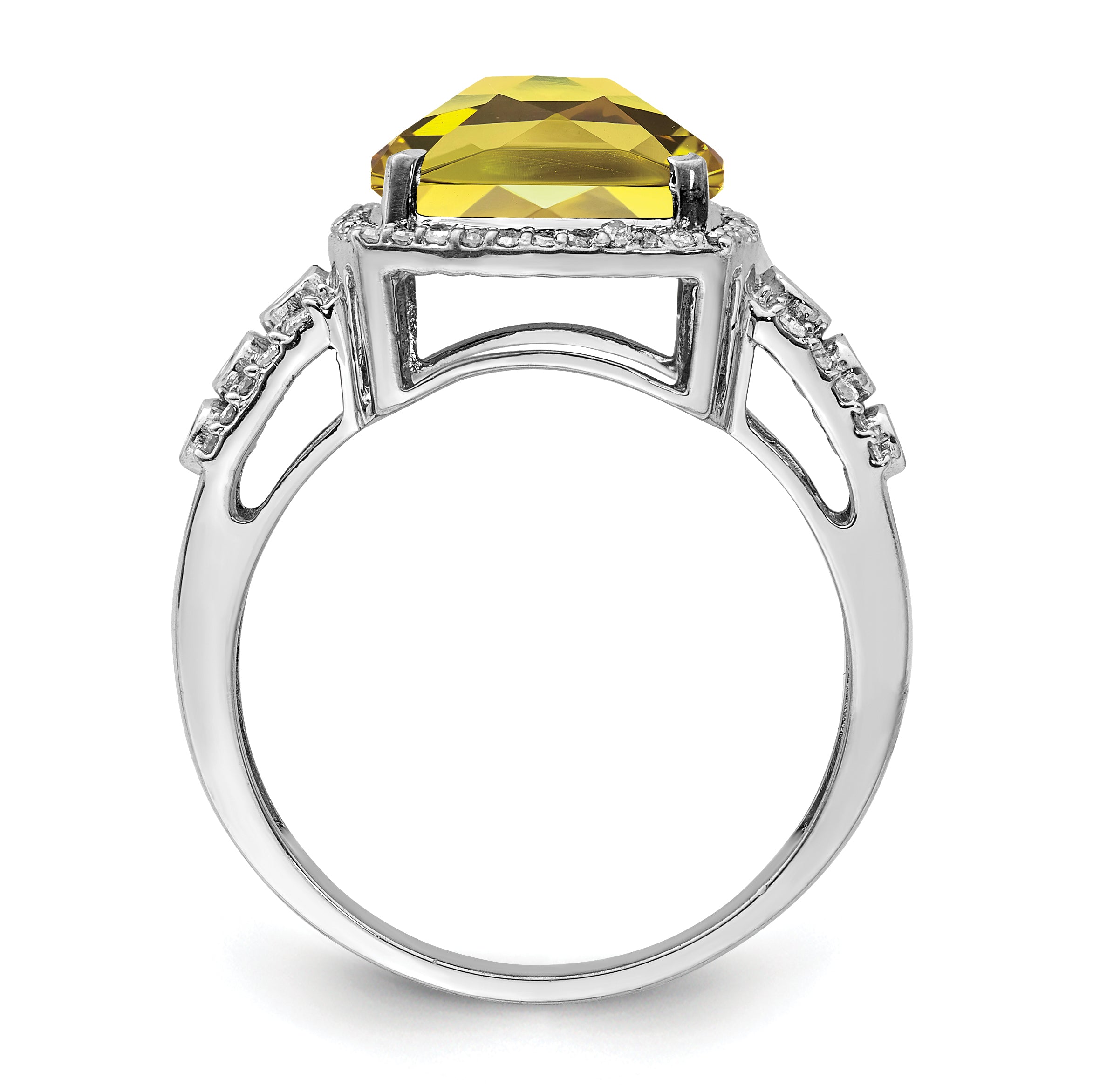 Sterling Silver Rhodium Diamond & Checker-Cut Lemon Quartz Ring