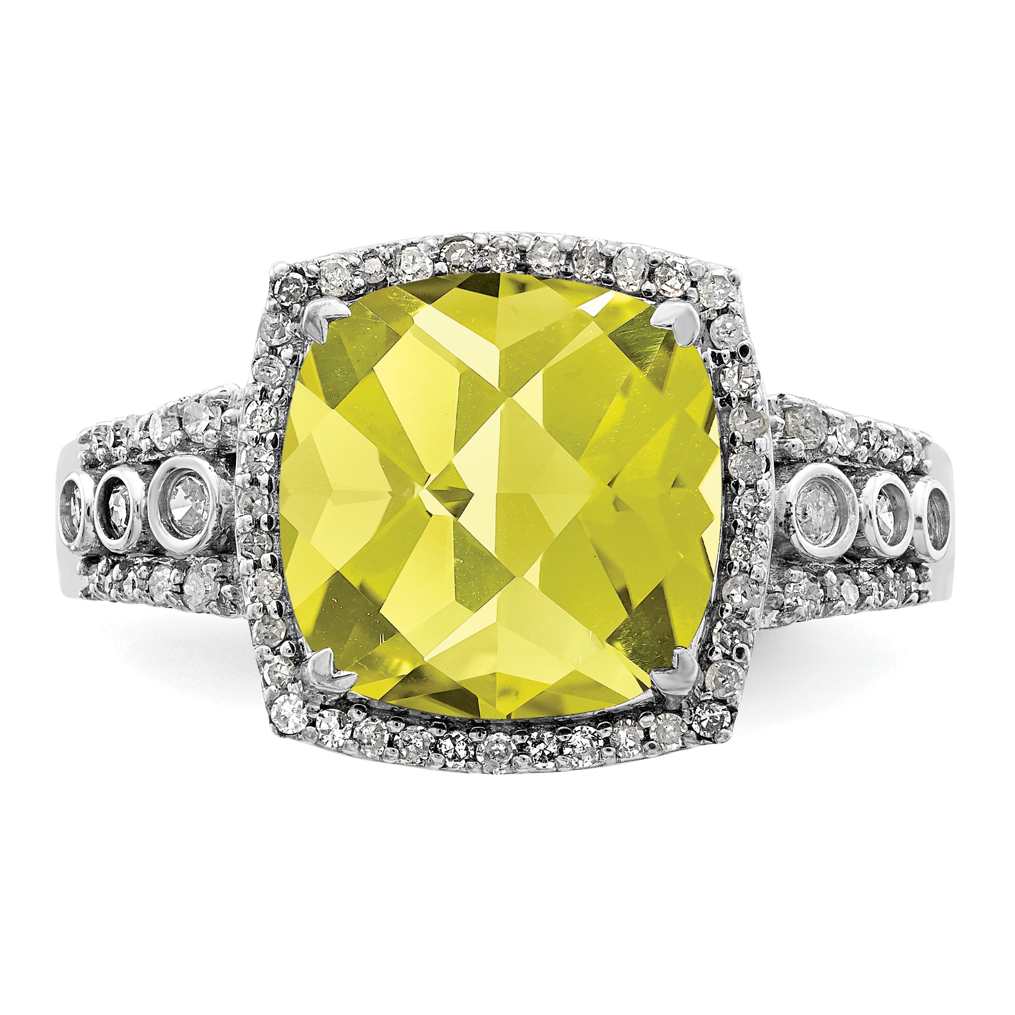 Sterling Silver Rhodium Diamond & Checker-Cut Lemon Quartz Ring