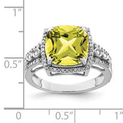 Sterling Silver Rhodium Diamond & Checker-Cut Lemon Quartz Ring