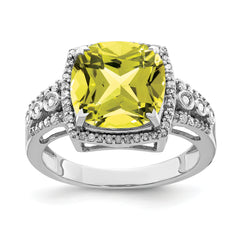 Sterling Silver Rhodium Diamond & Checker-Cut Lemon Quartz Ring