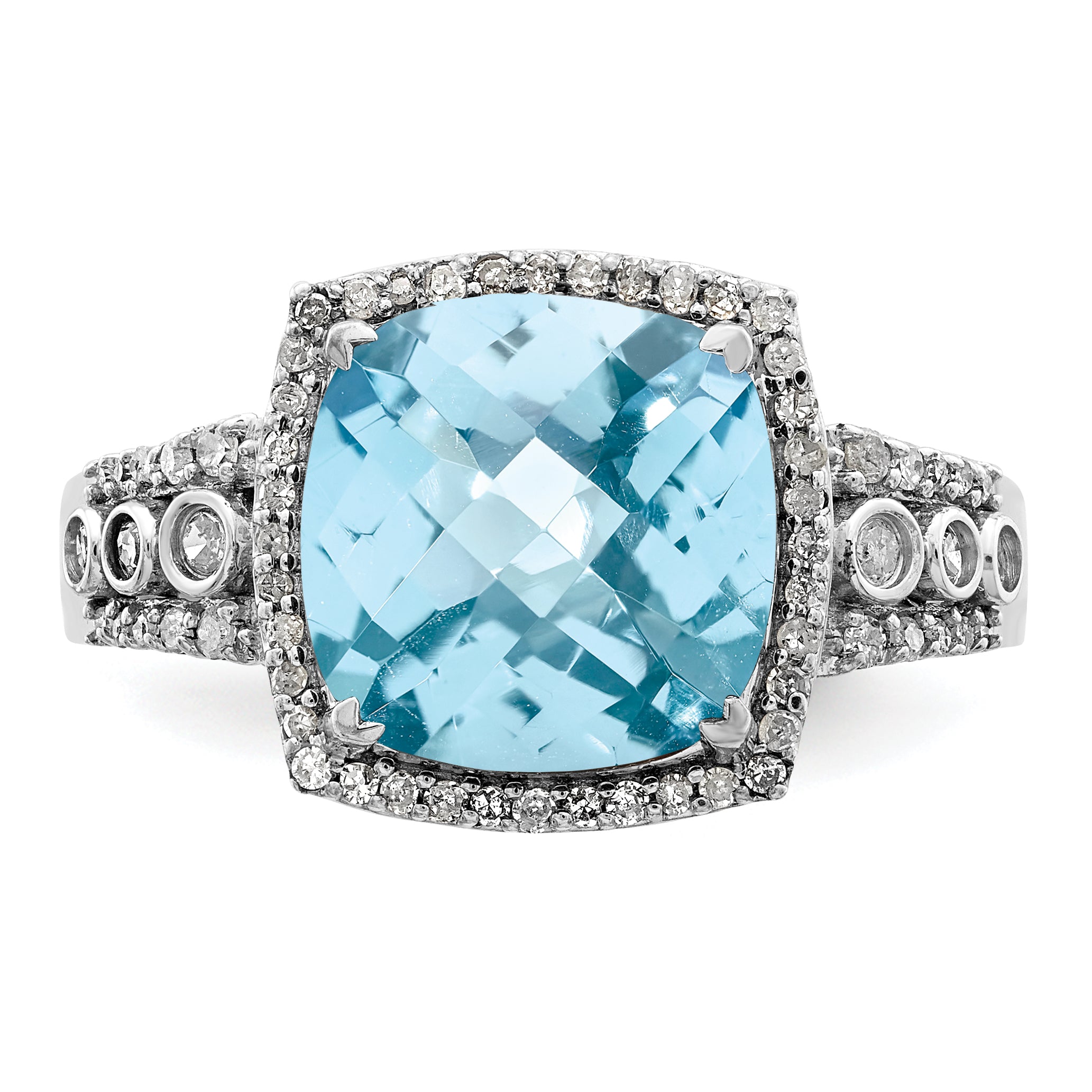 Sterling Silver Rhodium Diamond & Checker-Cut Sky Blue Topaz Ring