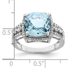 Sterling Silver Rhodium Diamond & Checker-Cut Sky Blue Topaz Ring