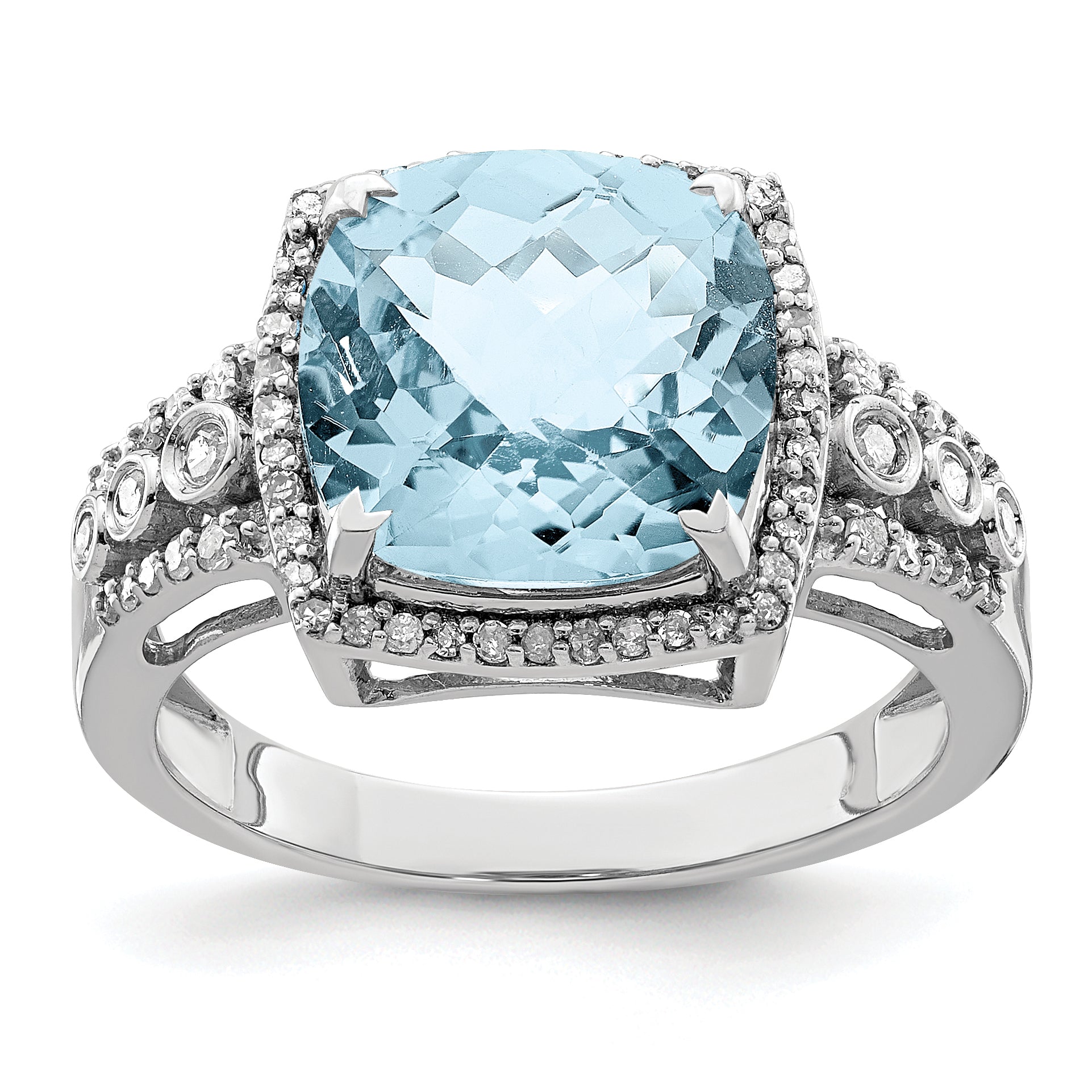 Sterling Silver Rhodium Diamond & Checker-Cut Sky Blue Topaz Ring