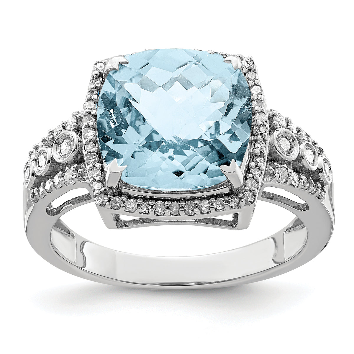 Sterling Silver Rhodium Diamond & Checker-Cut Sky Blue Topaz Ring