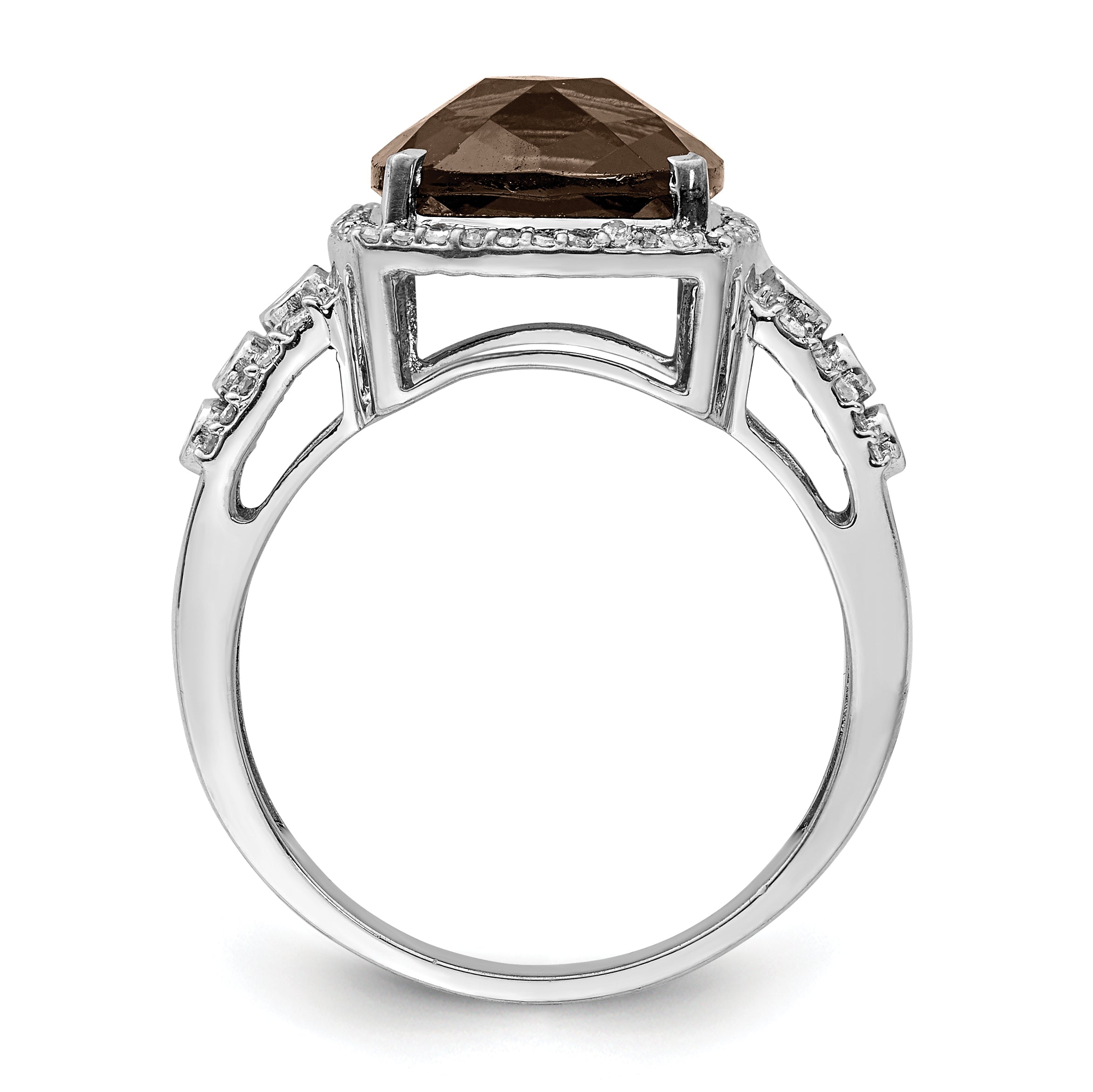 Sterling Silver Rhodium Diamond & Checker-Cut Smoky Quartz Ring