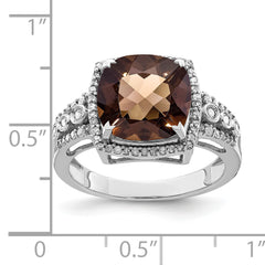 Sterling Silver Rhodium Diamond & Checker-Cut Smoky Quartz Ring