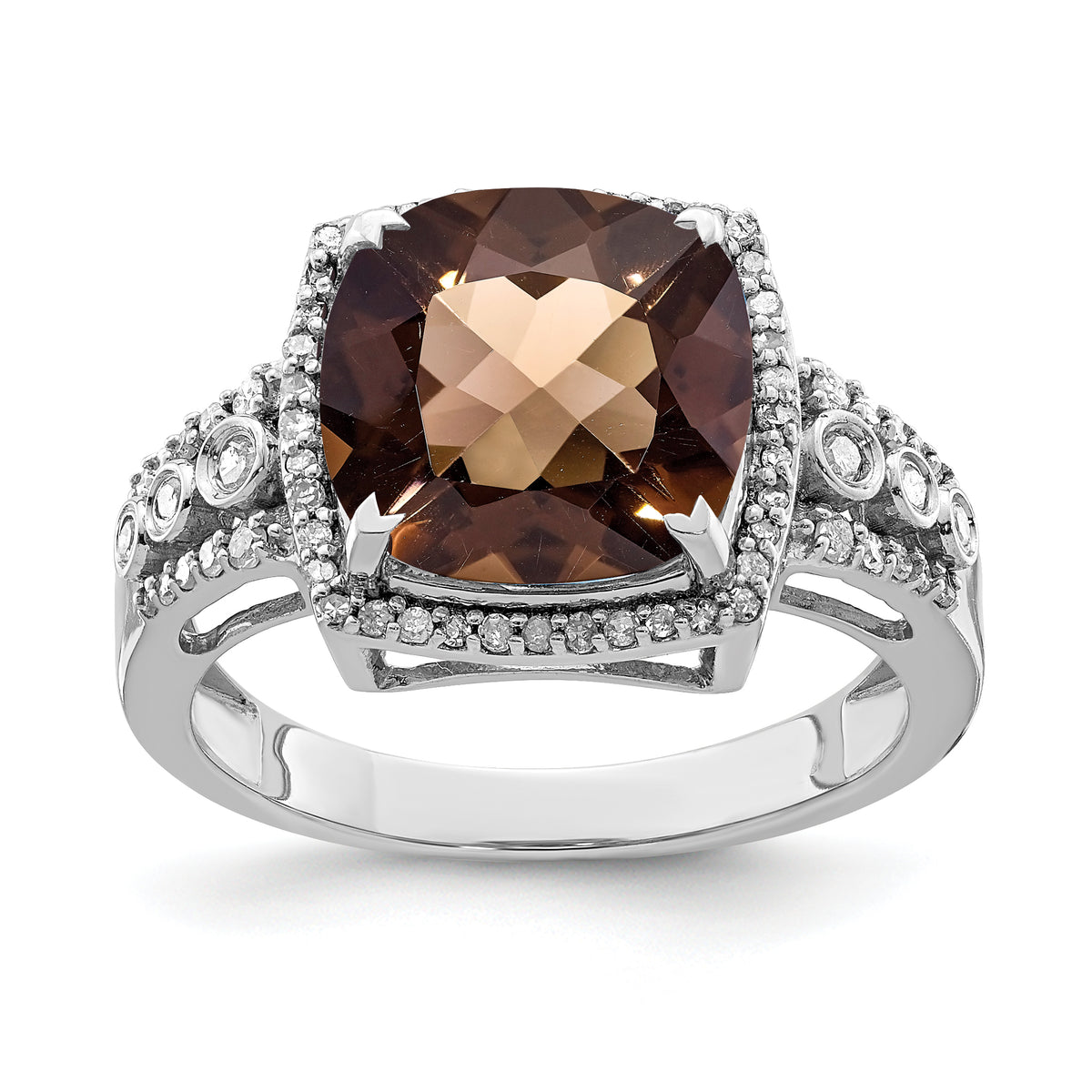 Sterling Silver Rhodium Diamond & Checker-Cut Smoky Quartz Ring