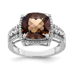 Sterling Silver Rhodium Diamond & Checker-Cut Smoky Quartz Ring