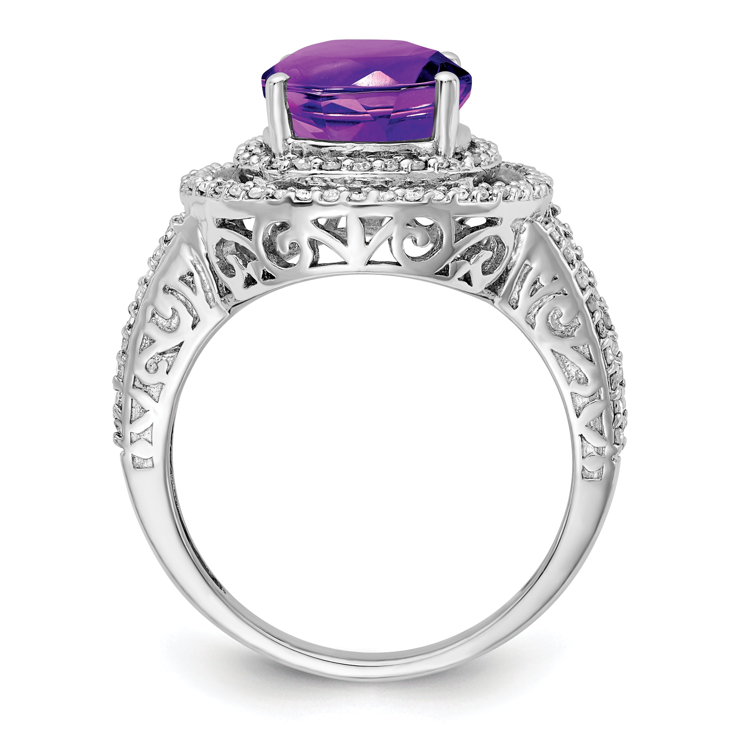 Sterling Silver Rhodium-plated Oval Amethyst & Diamond Ring