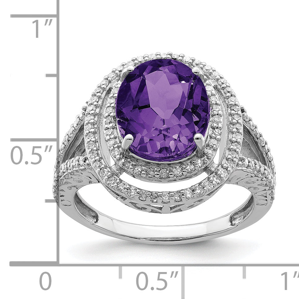 Sterling Silver Rhodium-plated Oval Amethyst & Diamond Ring