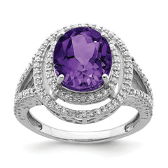 Sterling Silver Rhodium-plated Oval Amethyst & Diamond Ring