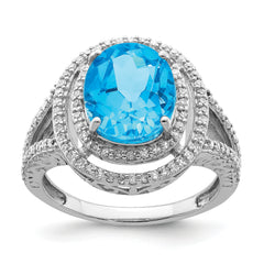 Sterling Silver Rhodium Oval Blue Topaz & Diamond Ring