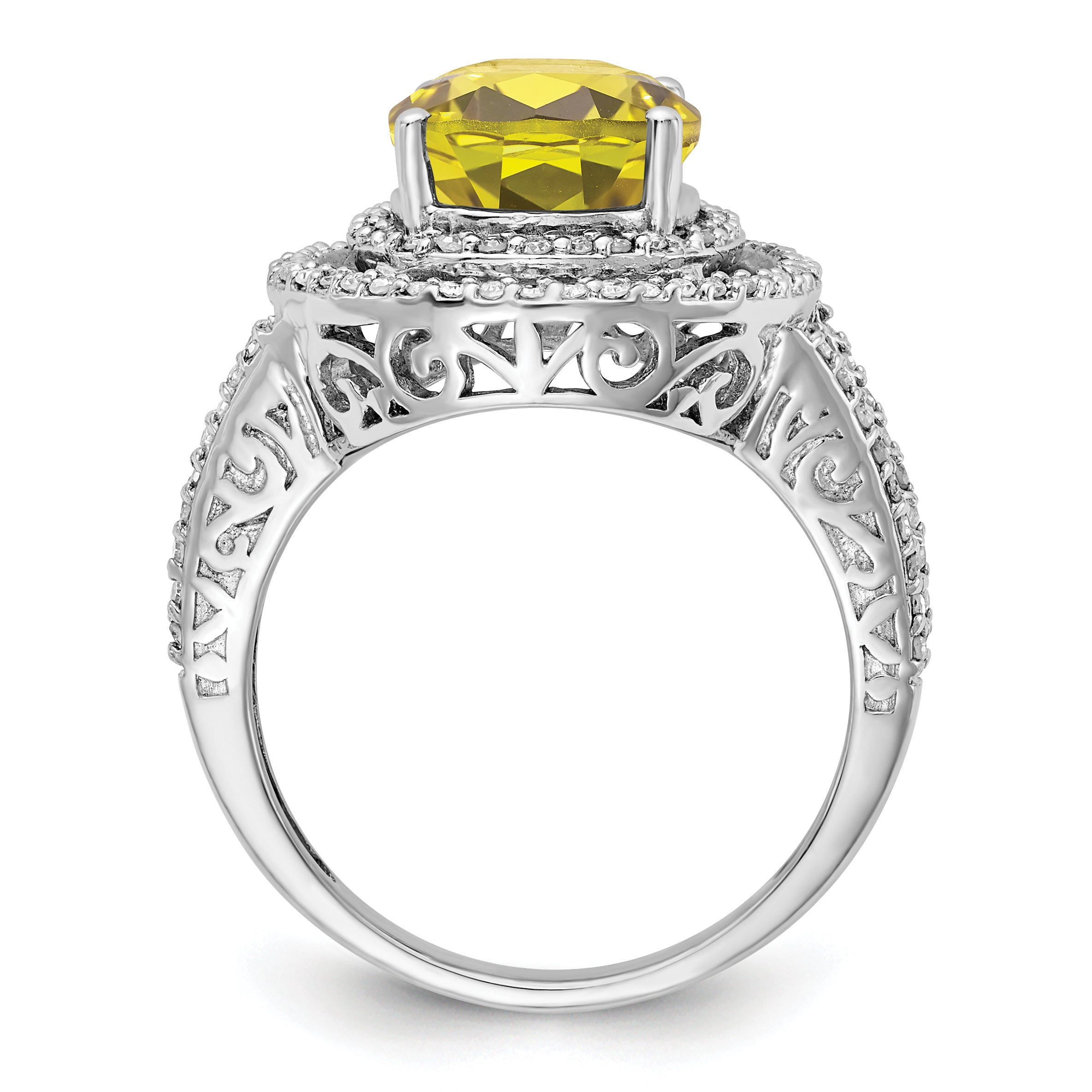 Sterling Silver Rhodium Diamond & Lemon Quartz Ring