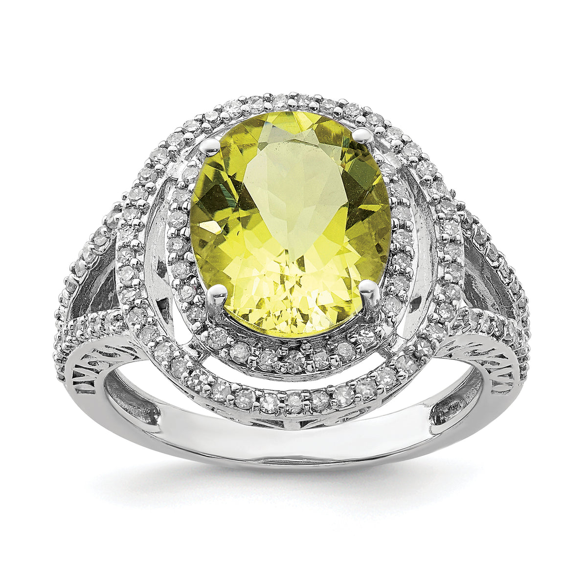 Sterling Silver Rhodium Diamond & Lemon Quartz Ring