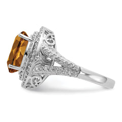 Sterling Silver Rhodium Oval Diamond & Whiskey Quartz Ring