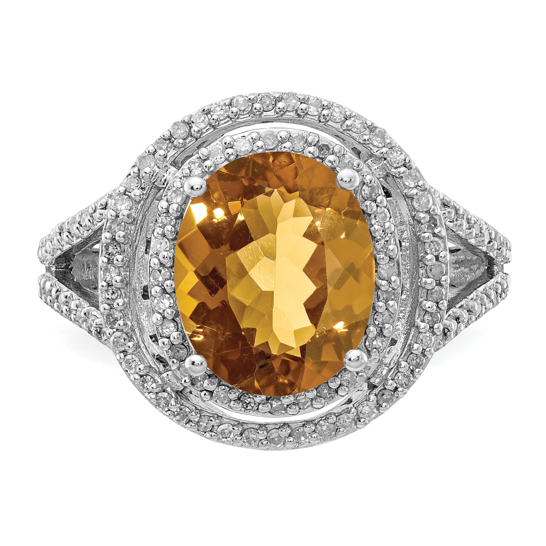 Sterling Silver Rhodium Oval Diamond & Whiskey Quartz Ring