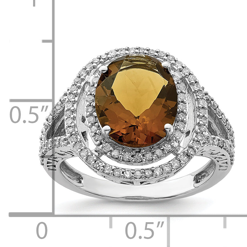 Sterling Silver Rhodium Oval Diamond & Whiskey Quartz Ring