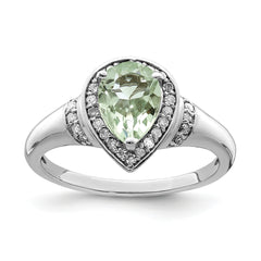 Sterling Silver Rhodium Diamond & Green Quartz Ring