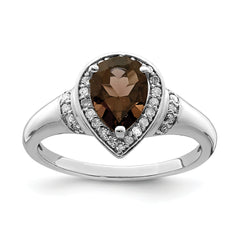 Sterling Silver Rhodium Diamond & Smoky Quartz Ring