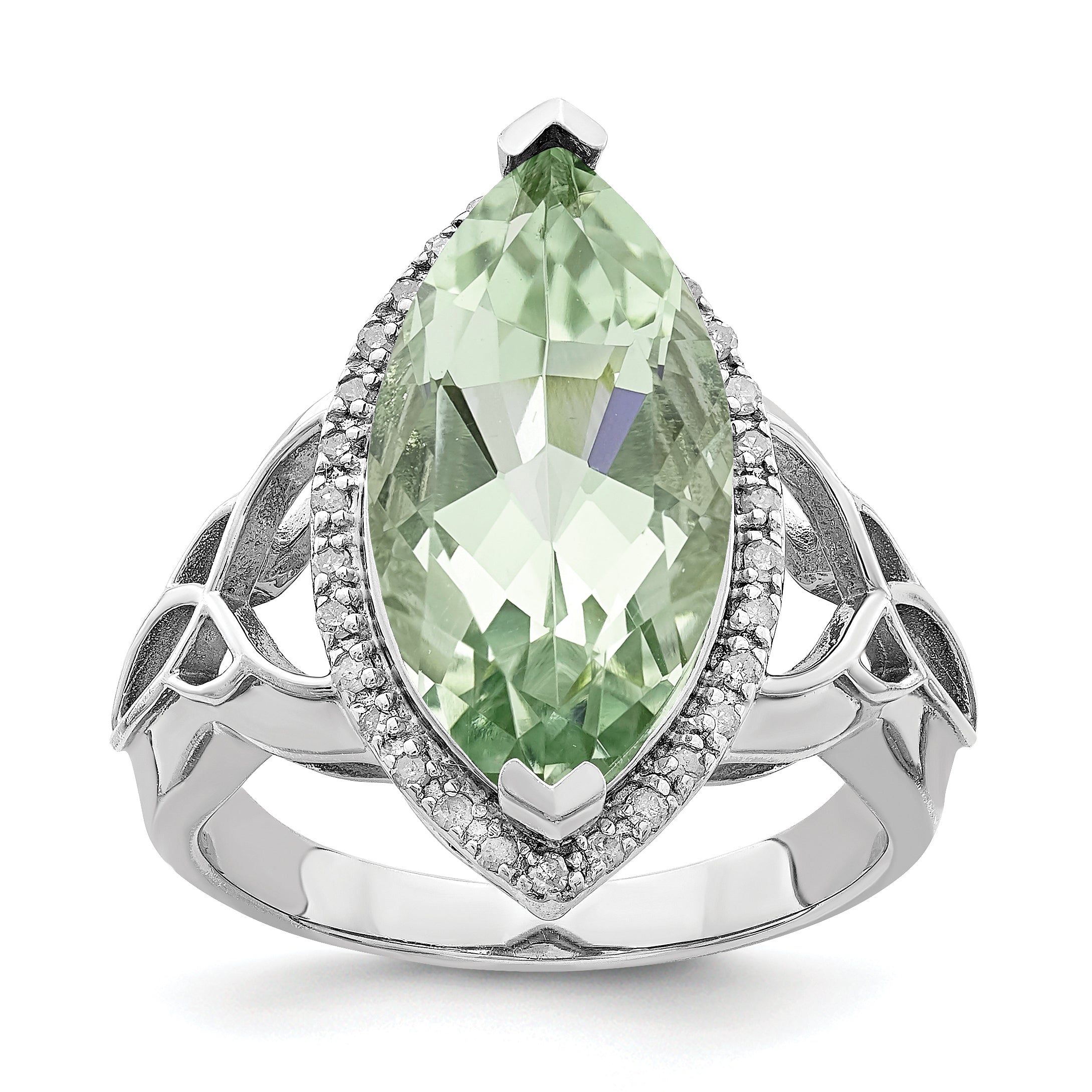 Sterling Silver Rhodium Diamond & Green Quartz Ring