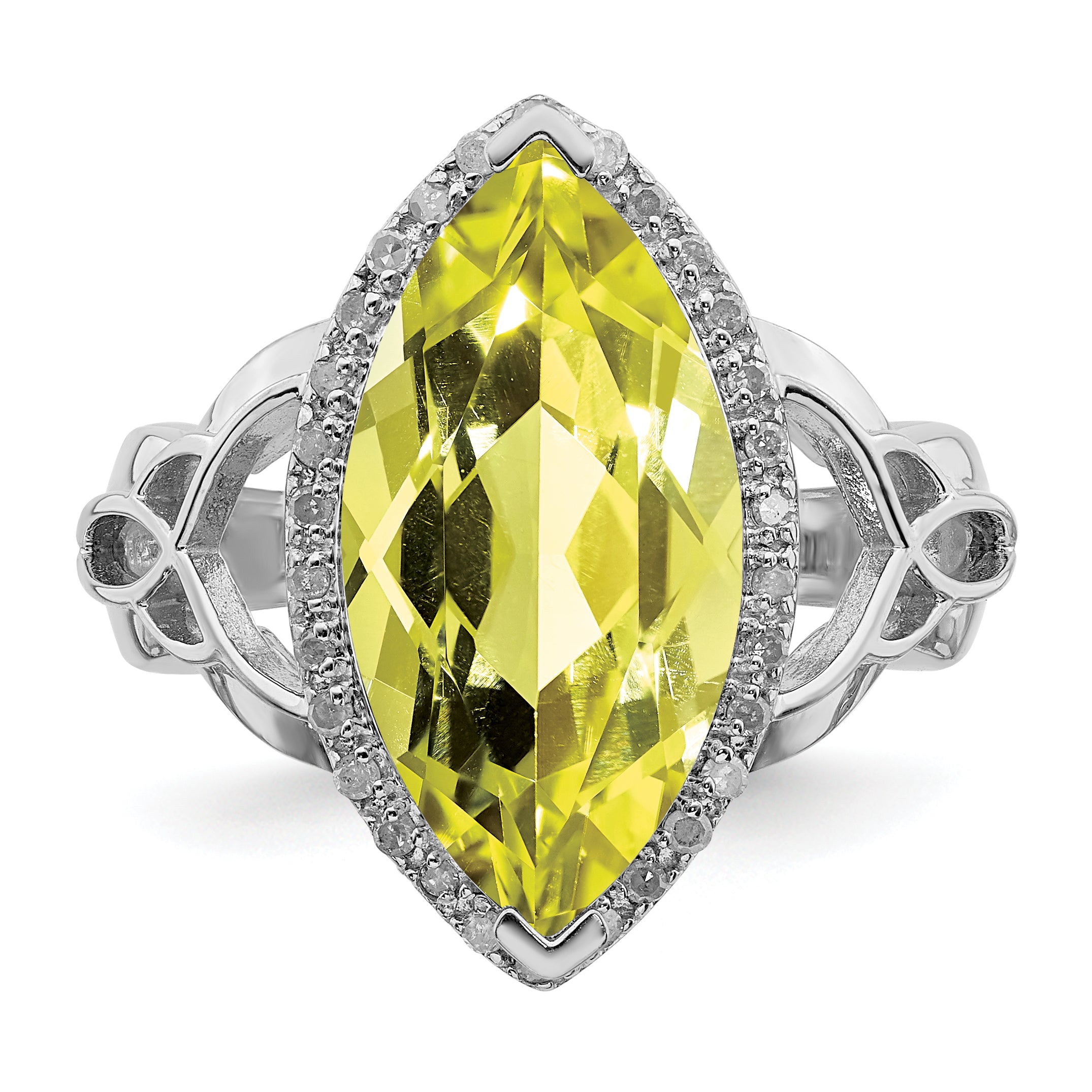 Sterling Silver Rhodium Lemon Quartz & Diamond Ring