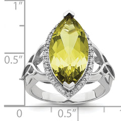 Sterling Silver Rhodium Lemon Quartz & Diamond Ring