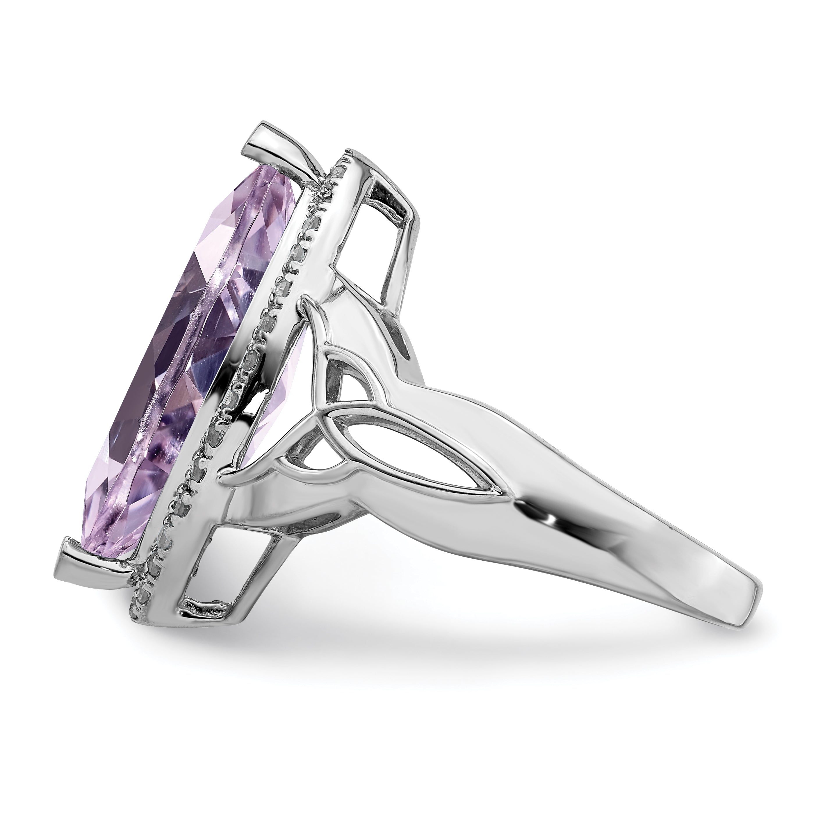 Sterling Silver Rhodium Diamond & Pink Quartz Ring