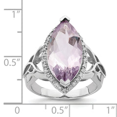 Sterling Silver Rhodium Diamond & Pink Quartz Ring