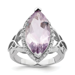 Sterling Silver Rhodium Diamond & Pink Quartz Ring