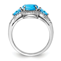 Sterling Silver Rhodium Oval Blue Topaz & Diamond Ring