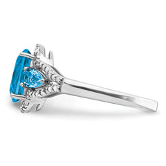 Sterling Silver Rhodium Oval Blue Topaz & Diamond Ring