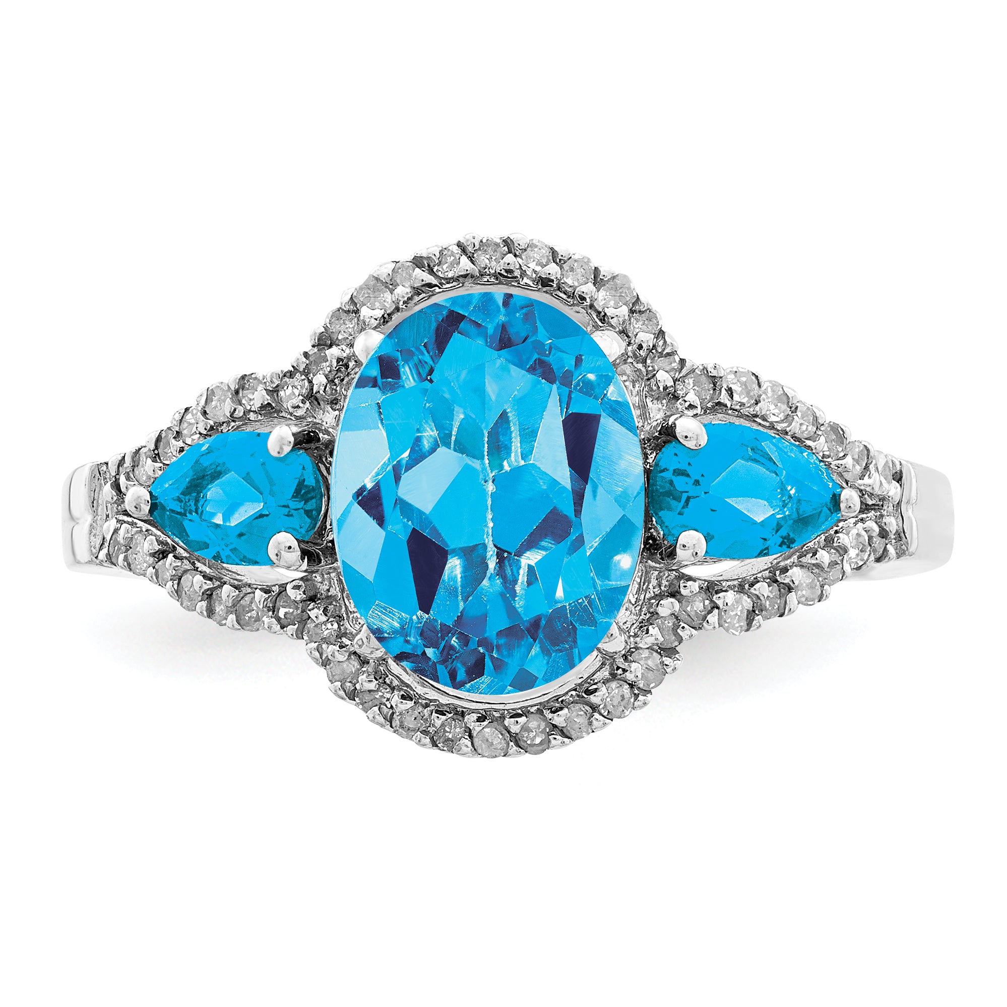 Sterling Silver Rhodium Oval Blue Topaz & Diamond Ring