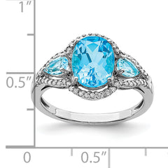 Sterling Silver Rhodium Oval Blue Topaz & Diamond Ring