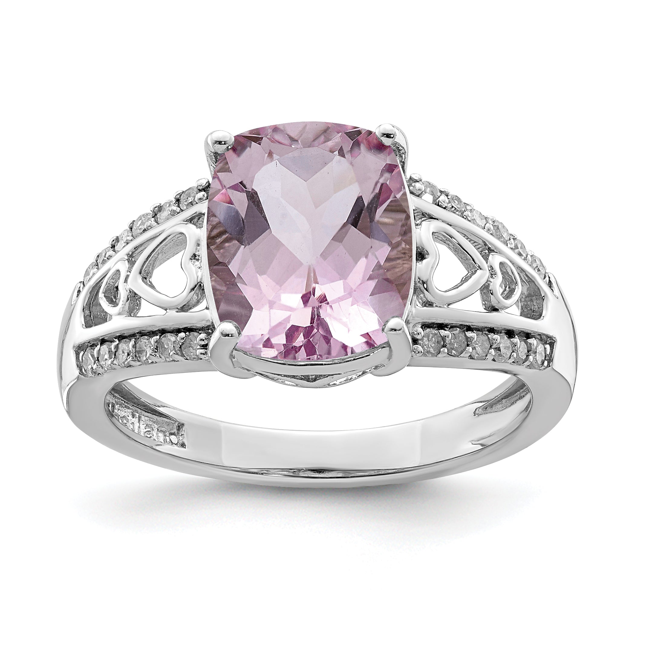 Sterling Silver Rhodium Diamond & Pink Quartz Ring