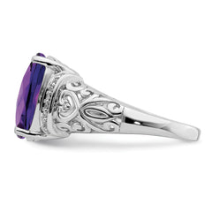 Sterling Silver Rhodium-plated Checker-Cut Amethyst & Diamond Ring