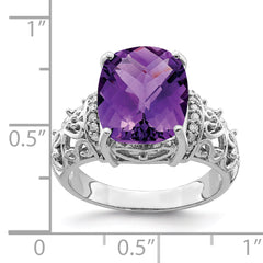 Sterling Silver Rhodium-plated Checker-Cut Amethyst & Diamond Ring