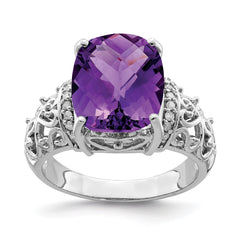 Sterling Silver Rhodium-plated Checker-Cut Amethyst & Diamond Ring