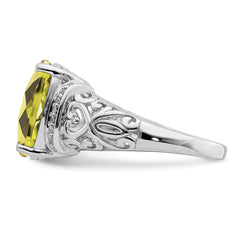 Sterling Silver Rhodium Diamond & Checker-Cut Lemon Quartz Ring