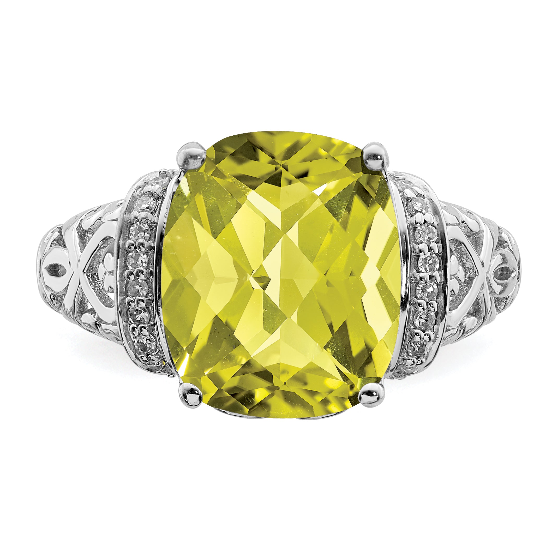 Sterling Silver Rhodium Diamond & Checker-Cut Lemon Quartz Ring