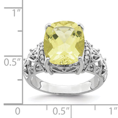 Sterling Silver Rhodium Diamond & Checker-Cut Lemon Quartz Ring