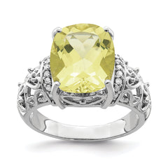 Sterling Silver Rhodium Diamond & Checker-Cut Lemon Quartz Ring