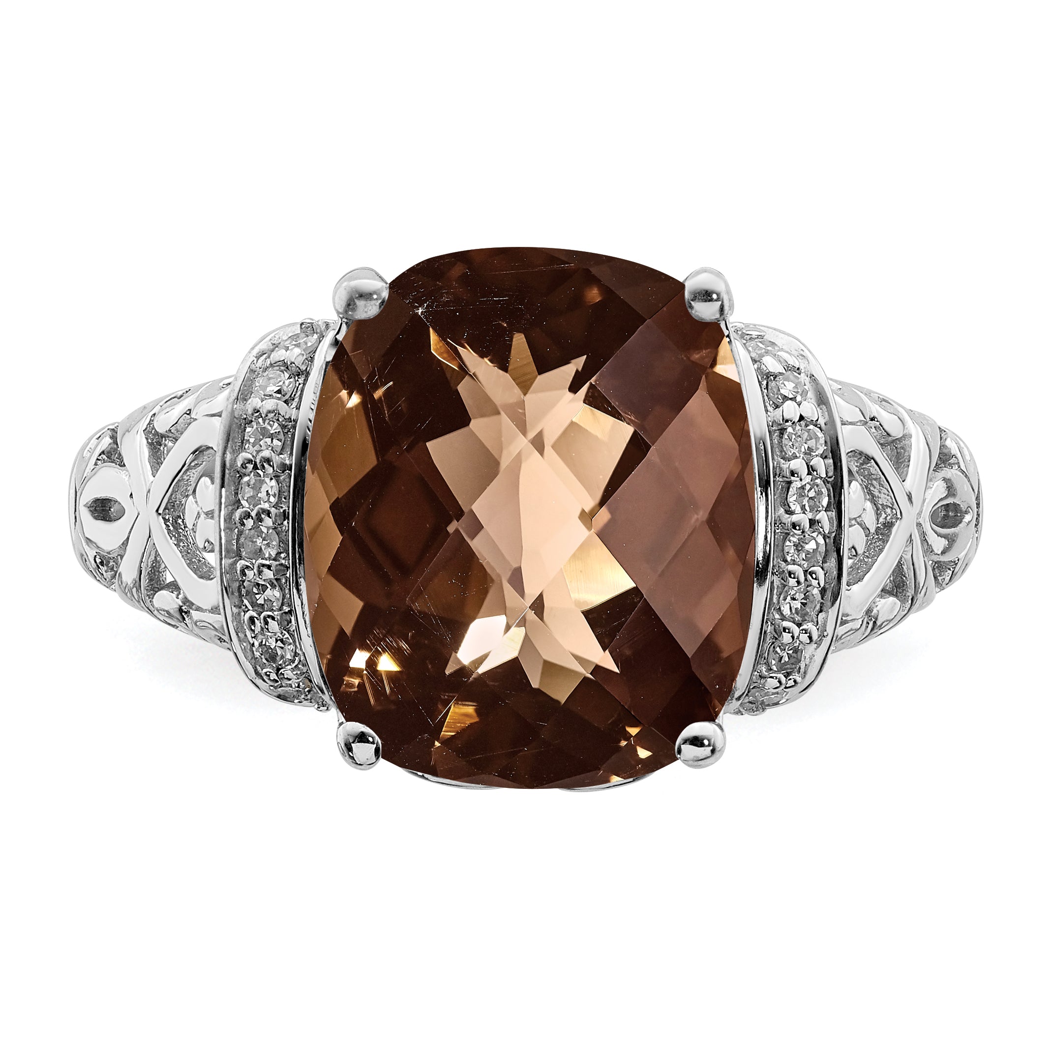 Sterling Silver Rhodium Diamond & Checker-Cut Smoky Quartz Ring